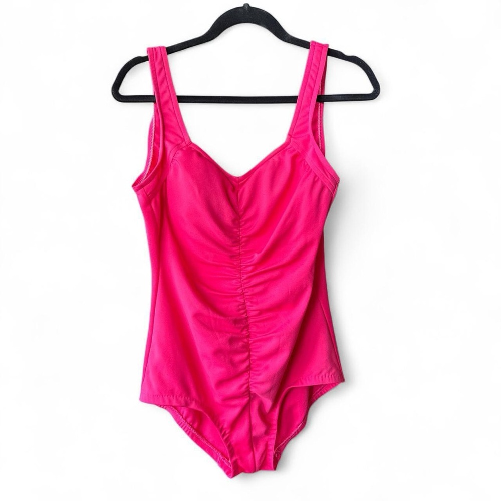 Vintage Polyester Vibrant Pink Pin-Up Style Ruched Swimsuit